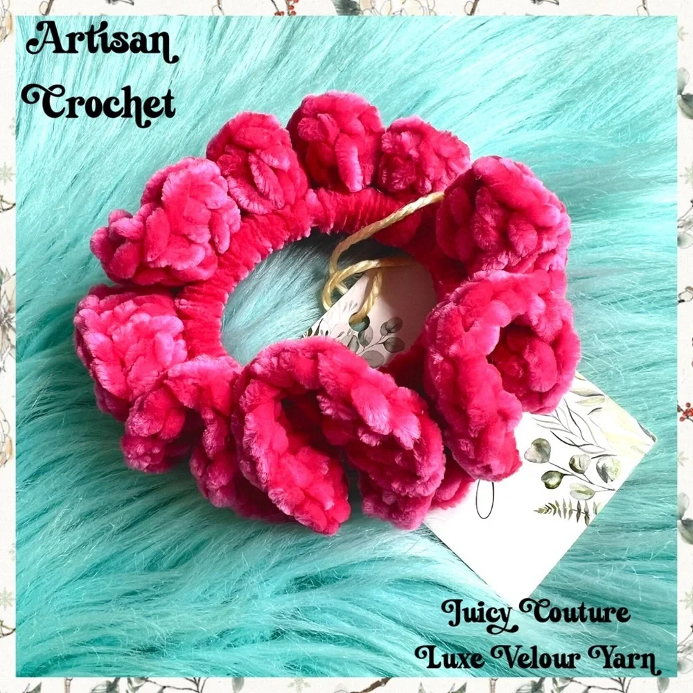 Handmade Crochet VELVET Luxe Hot Pink Candy Plush Hair Scrunchie PinkRainCloud